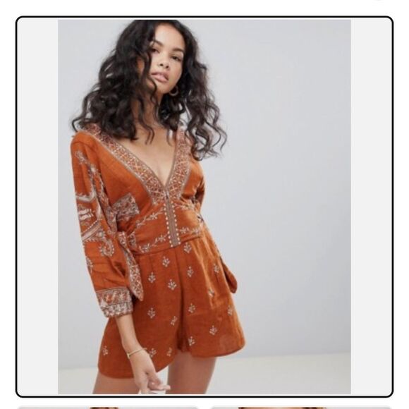 Free People Pants - Free People Bohemian Brown Embroidered Women's Romper xs
